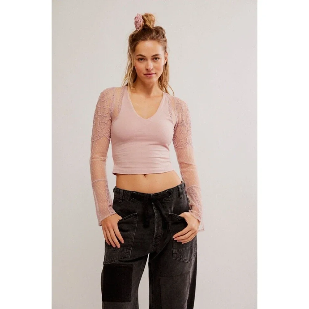Intimatley Free People Who's That Girl Long-Sleeve Cropped Top Lace M New 280327